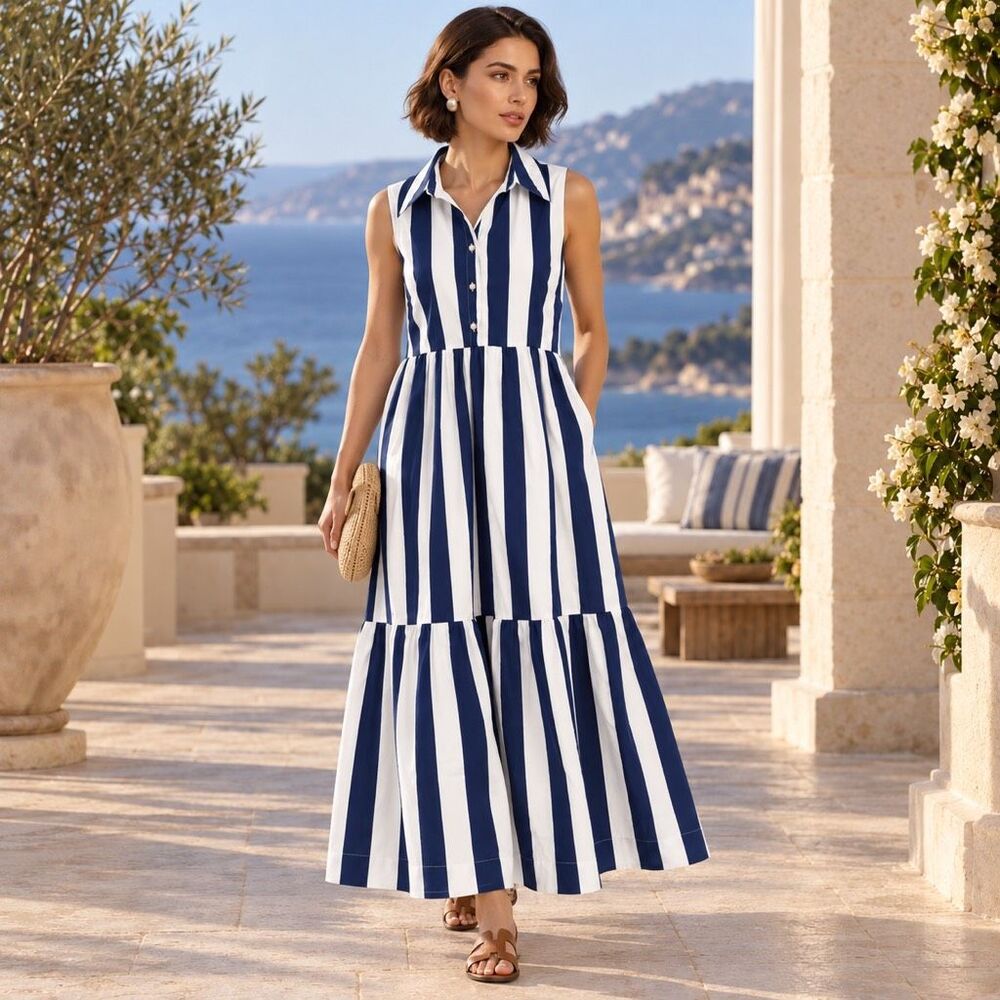 Maeve Bettina Tiered Shirt Dress Large Blue White Stripe Sleeveless Maxi Cotton
